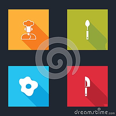 Set Cook, Spoon, Scrambled eggs and Knife icon. Vector Vector Illustration
