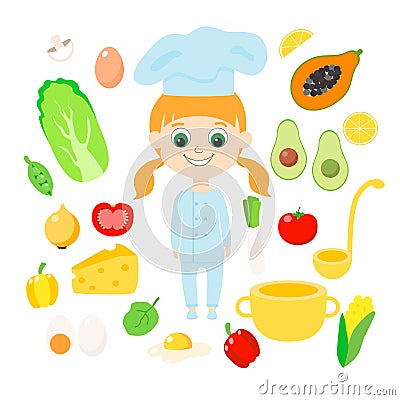 Set cook, vegetables, fruits and ingredients. Girl and avocado, champignon, egg, casserole, ladle, fried eggs. Vector Illustration