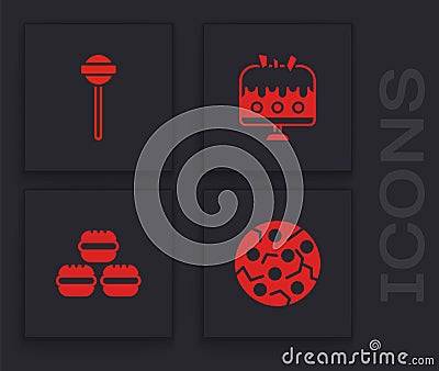 Set Cookie or biscuit, Lollipop, Cake on plate and Macaron cookie icon. Vector Vector Illustration