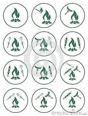 Set of cooking on campfire icons Vector Illustration