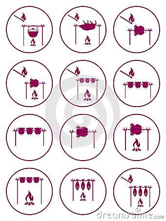 Set of cooking on campfire icons Vector Illustration