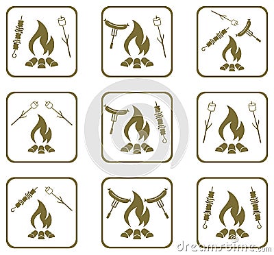 Set of cooking on campfire icons Vector Illustration