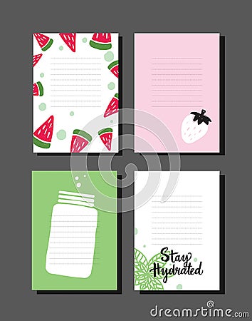 Set of cooking notes with hand drawn illustration of fruits and glass. Watermelon, strawberry. Vector Illustration