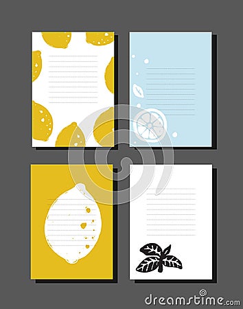 Set of cooking notes with hand drawn illustration of lemons and basil. Vector Illustration