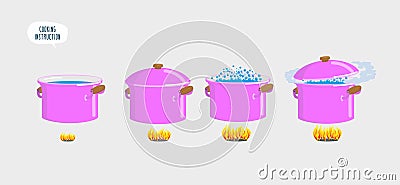 Set cooking plates. Boiling water for various dishes. Vector Illustration
