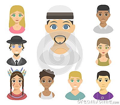 Cool avatars different nations people portraits ethnicity different skin tones ethnic affiliation and hair styles vector Vector Illustration