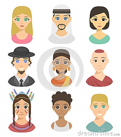 Cool avatars different nations people portraits ethnicity different skin tones ethnic affiliation and hair styles vector Vector Illustration