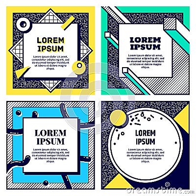 Set of cool memphis style cards. Collection of geometric flyers. Vector. Stock Photo