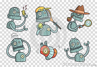 Set with metal robot with different emotions. Cartoon mechanical android in outline style with colorful fill. Vector for Vector Illustration