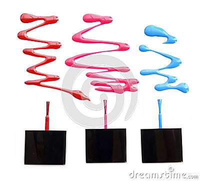 Set of cool multicolor nail brushes and dabs of polish isolated on white background. Stock Photo