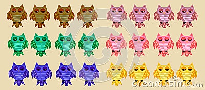 A set of cool owls with drunken fists and hearts on their chests Stock Photo