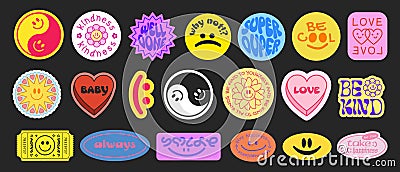 Set Of Cool Smile Pop Art Stickers. Y2K Trendy Patches Vector Design. Groovy Badges Vector Illustration