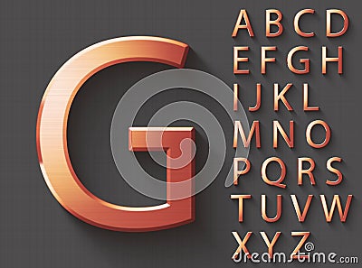 Set of copper 3D uppercase english letters. Vector Illustration