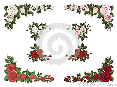 Set of corner bouquet roses different color Vector Illustration
