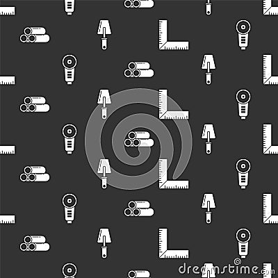 Set Corner ruler, Angle grinder, Industry metallic pipe and Trowel on seamless pattern. Vector Vector Illustration