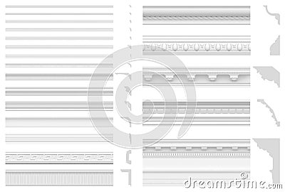 Set of cornices and friezes isolated on white background. 3D visualization of gypsum stucco. Seamless texture of classic white pli Stock Photo