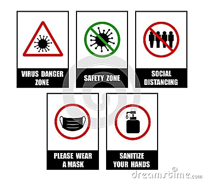 Set of Corona Virus COVID-19 Safety Measures and Precautions Warning Signs Vector Illustration