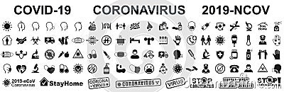 Set corona virus icons. Concept with symptoms and protective antivirus icons related to coronavirus, 2019-nCoV, COVID-19 Stock Photo