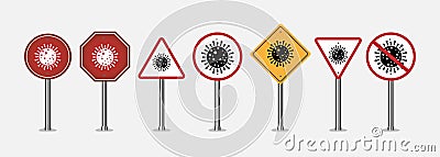 Set of corona-virus sign vector. Global quarantine illustration. Covid-19 symbol on road boards. Caution signs, virus icons Cartoon Illustration