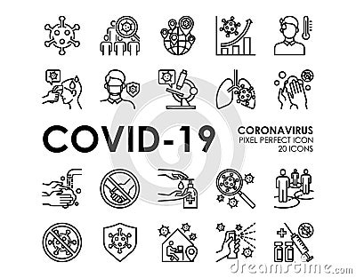 Set of Coronavirus disease COVID-19 Protection Related Vector Line Icons. Editable Stroke, Pixel Perfect. Vector Illustration