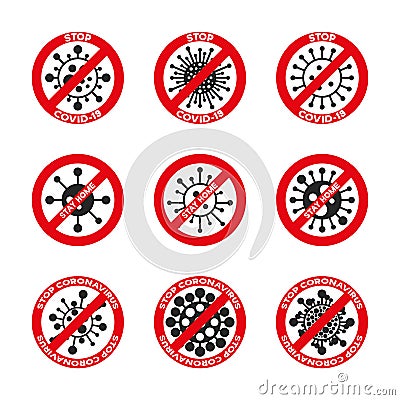 Set of coronavirus, ncov, covid - 19 logos. Warning signs. Virus cartoon icons with simple inscription and red stop Vector Illustration