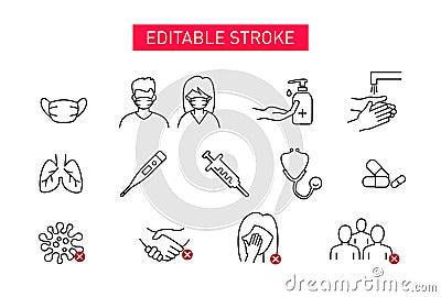 Set of Coronavirus Safety Related Vector Line Icons. Icons as Washing Hands, People Wearing Face Mask, sanitizer and more. Editabl Vector Illustration