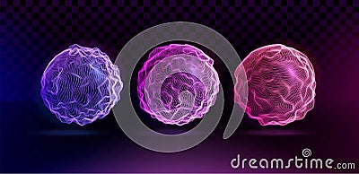 Set of corrupted spheres. Collection of globe grids with a broken structure. Kit of 3d objects consist of glowing neon Vector Illustration