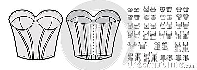Set of corsets Bustier longline bra lingerie technical fashion illustration with molded cup, bones, crop hip length Vector Illustration