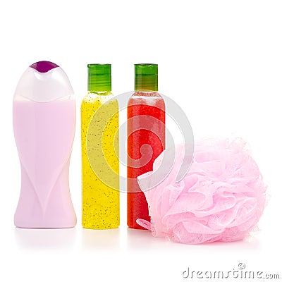 Set cosmetic bottle body scrub cream lotion gel shower loofah Stock Photo