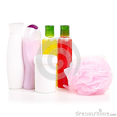 Set cosmetic bottle body scrub cream lotion gel shower loofah Stock Photo