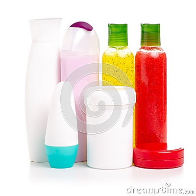Set cosmetic bottle body scrub cream lotion gel shower Stock Photo