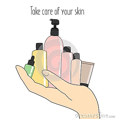 Set of cosmetic bottles in the hand, skin care products. Stock vector illustration isolated on white background. Vector Illustration