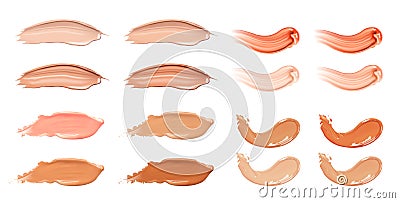 Set of cosmetic liquid foundation or caramel cream in different colour smudge smear strokes. Make up smears isolated on Vector Illustration