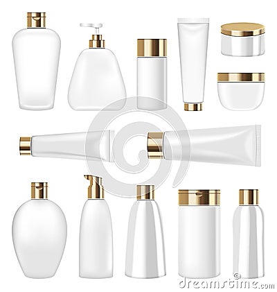 Set Cosmetic Plastic Bottle and Tube on White Background Vector Illustration