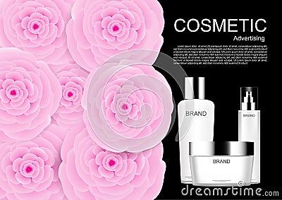 Set of cosmetic product with pink camellia on black background v Vector Illustration