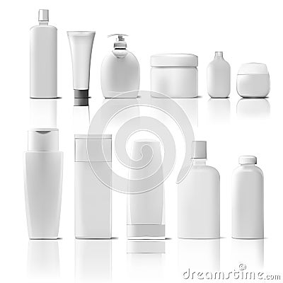 Set Of Cosmetic Products Package. Collection Of Cream, Soup, Foams, Shampoo Vector Illustration