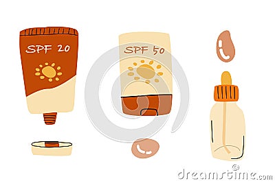 set of cosmetic sunblock products with spf protection Vector Illustration