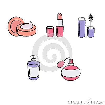 Cosmetics icons for beauty: cream, lipstick, mascara, perfume Vector Illustration