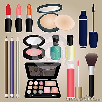 Set of Cosmetics and Make Up Brush Vector Illustration