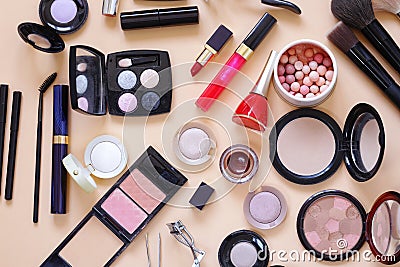 Set cosmetics - makeup brushes, eye shadow, powder, lipstick Stock Photo