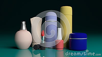 Set of cosmetics products on green blue table. 3d illustration Cartoon Illustration