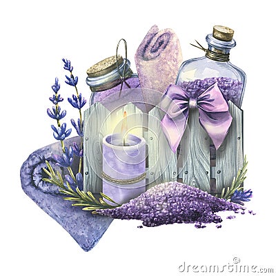 A set of cosmetics in a wooden box with sea salt for baths and candles. Watercolor illustration. The composition of a Cartoon Illustration