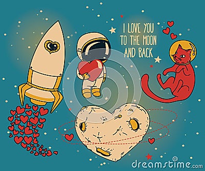 Set for cosmic valentines day Vector Illustration