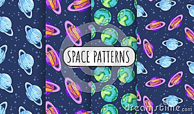 Set of cosmos seamless space pattern background with planets with rings. Collection of solar system planets children wallpaper Vector Illustration