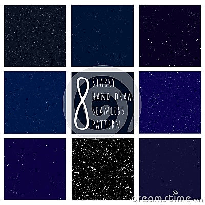 Set of cosmos and space hand draw vector seamless background with sketched stars and dots. Collection of deep dark space Vector Illustration