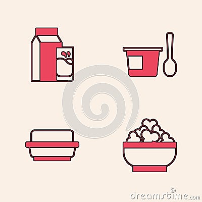Set Cottage cheese, Paper package for kefir, Yogurt container with spoon and Butter butter dish icon. Vector Vector Illustration