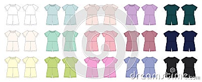 Set of cotton oversized raglan jumpsuit technical sketch. Women`s romper design template multicolored collection Vector Illustration