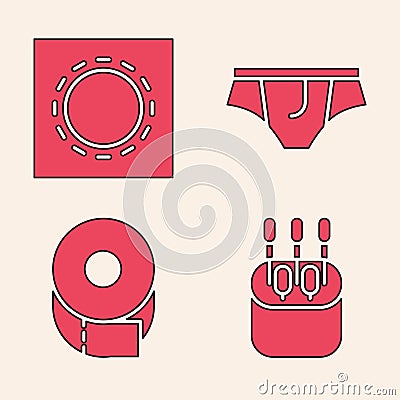 Set Cotton swab for ears, Condom in package safe sex, Underwear and Toilet paper roll icon. Vector Vector Illustration