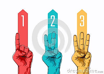 Set of counting one two three hand sign. Vector Illustration