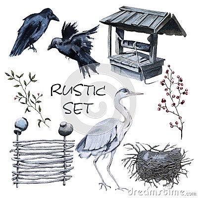 Set of country elements. Two crows, a heron with a nest, a wattle fence, a well. Isolated on white background. Cartoon Illustration